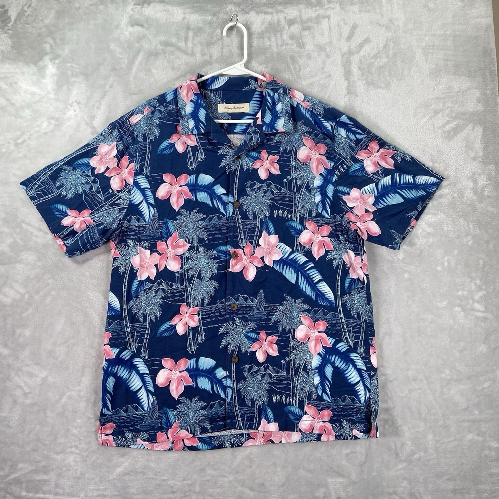 Tommy Bahama Shirt Mens Large Button Up Hawaiian Floral Silk Loop Camp Collar
